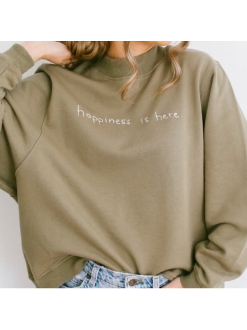 Kristin Made Happiness Is Here Crewneck Sweatshirt Olive Green Size Large/XL